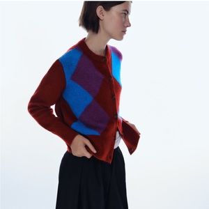 Zara burgundy blue knit cardigan argyle